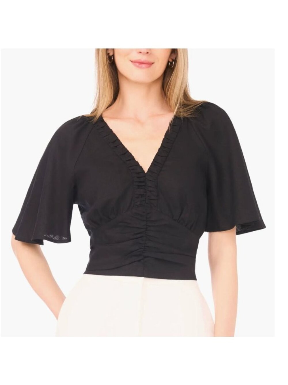 Parker Ruched V-Neck Black Rayon Linen Short Sleeve Top S